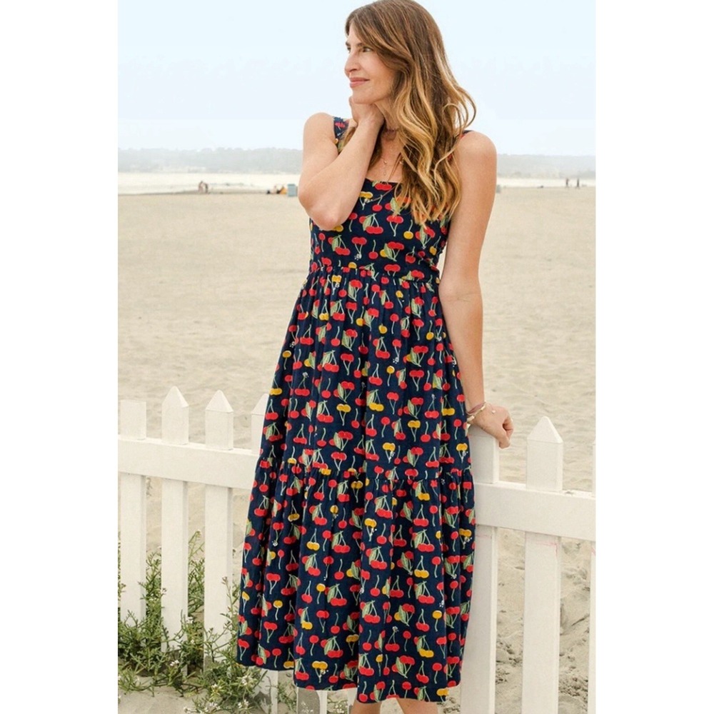 Pink‎ Chicken Sierra Dress Blue Cherries Cherry Poplin Tiered Midi Sz L